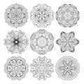 Flower vector mandalas set. Collrction of oriental circle patterns, coloring illustrations