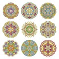 Flower vector mandalas set. Collrction of oriental circle patterns, coloring illustrations