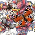 Flower Vector Pattern With Plants And Butterflies. Vintage Provance Style