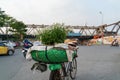 Flower vendor on Hanoi street at early morning with Long Bien old metal bridge on background Royalty Free Stock Photo