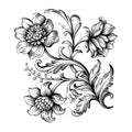 Flower Vintage Baroque Scroll Victorian Frame Border Floral Ornament Engraved Retro Pattern Rose Peony Tattoo Filigree Vector