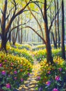 Flower walkway in spring sunny forest park painting acrylic oil painting