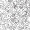 Flower wallpaper. Zentangle art. Seamless pattern background. Vector zen tangle with blossom and heart.