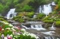 Tropical waterfall with flowers in garden scene painting for wall art Royalty Free Stock Photo