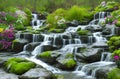 Tropical waterfall with flowers in garden scene painting for wall art Royalty Free Stock Photo