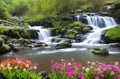 Tropical waterfall with flowers in garden scene painting for wall art Royalty Free Stock Photo