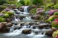 Tropical waterfall with flowers in garden scene painting for wall art Royalty Free Stock Photo