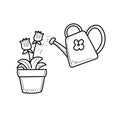 Flower with a watering can vector illustration in hand-drawn style isolated on white background Royalty Free Stock Photo