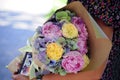 Flower wedding arrangement with ranunculus, pion, roses Royalty Free Stock Photo