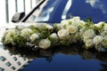 Flower wedding decoration on hood of a car - flower arrangement decoration Royalty Free Stock Photo