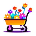 Flower wheelbarrow with flowers. Vector illustration in cartoon style Generative AI