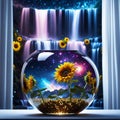 flower in the window magical land of sunflowers, at night, waterfall Royalty Free Stock Photo