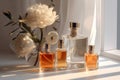 flower woman feminine bottle glass cosmetic smell fragrance perfume scent aroma. Generative AI. Royalty Free Stock Photo