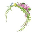 Flower wreath with colorful blooming water flowers. Hand painted watercolor illustration. Isolated on white background Royalty Free Stock Photo