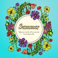 Flower wreath, garland, flower frame, border, summer landscape in the style boho, hippie Royalty Free Stock Photo