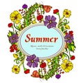 Flower wreath, garland, flower frame, border, summer landscape in the style of boho, hippie. Contrasting multicolored flowers Royalty Free Stock Photo