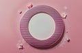 A flower wreath with pink roses and pink background. Minimalism pink rose flower wreath. A round frame with pink flowers