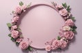 A flower wreath with pink roses and pink background. Minimalism pink rose flower wreath. A round frame with pink flowers