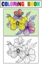 Flower with yellow butterfly. Seth coloring book and color drawing. Vector generative ai.