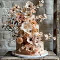 A floweradorned wedding cake on a rustic wooden table Royalty Free Stock Photo