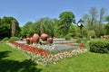 Beautiful colorful flowerbed in Cismigiu park, Bucharest, in springtime.