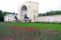 Flowerbed multicolored tulips in Kuzminsky park. Many beautiful spring flowers in Moscow, Russia. Blooming tulips in stable old