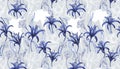 Seamless pattern with dark blue lilies and abstract white flowers, line drawing and silhouettes.