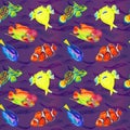 Flowerhorn cichlid fish, Pufferfish, Clownfish, Mandarin fish, Paracanthurus hepatus, hand painted watercolor seamless pattern