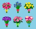 Flowering bouquets Set isolated on blue background. Bunch of flowers with bows