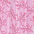 Flowering branches on a striped background. seamless texture. Dr