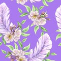 Flowering cherry branch. Drawn bird feathers. Seamless watercolor pattern. Royalty Free Stock Photo