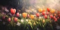 Flowering colorful wild tulips at the edge of the spring forest, watercolor painting Royalty Free Stock Photo