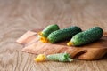 Flowering cucumbers on a wooden board