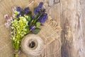 Flowering ground cover plants on wooden background.