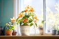 a flowering hoya plant on a sunny windowsill