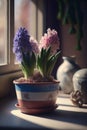 Flowering hyacinths stand in ceramic pot, by the window, in sunlight