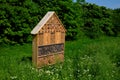 A flowering meadow is sown between the parking lot and the road. near the region there is a wooden house as accommodation and layi