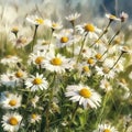 Flowering meadow white daisies, watercolor painting