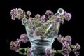 Flowering oregano Origanum vulgare in glass mortar - isolated in front of black