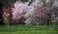 Flowering plantation of ornamental trees in spring