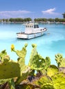 Flowering prickly pear Opuntia bushes and fishing boats in the marina of the resort town of Methana in the Peloponnese in Greece