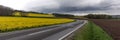 Flowering rapeseed field next to a winding road in the mountains with dramatic clouds Royalty Free Stock Photo