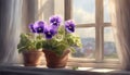 Flowering Saintpaulia. Saintpaulia flowers in a pot on a window sill. Selective focus. AI generated