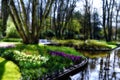 Last sun in spring park. Flowerbeds, pink, violet hyacinths, red tulips, daffodils between trees and ditches. Herbaceous border. Royalty Free Stock Photo