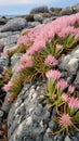 Flowering succulent plant with pink flowers growing on lava rock Royalty Free Stock Photo