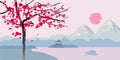 Flowering tree with hearts on the background of the Chinese seascape landscape