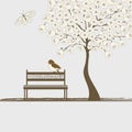 Landscape with tree,butterfly and bird on bench