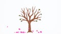 On a flowering tree molded of plasticine, pink flowers fly around. White background