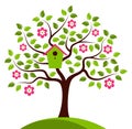Flowering tree with nesting bird box Royalty Free Stock Photo