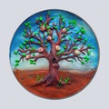 A flowering tree with young leaves. Spring landscape. The awakening of nature. Art made of modeling clay. Illustration.